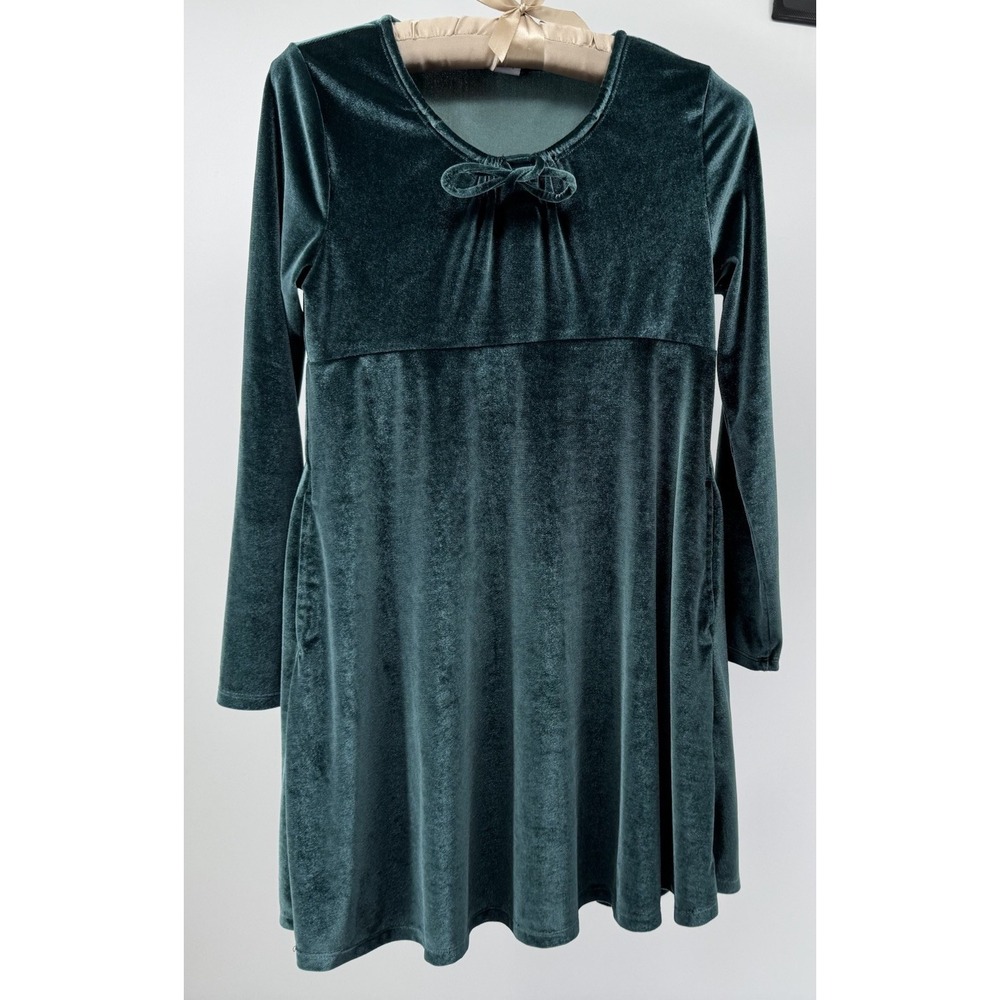 Old Navy Girls XL 14-16 Green Velvet Dress Soft Stretch Holiday Cottagecore